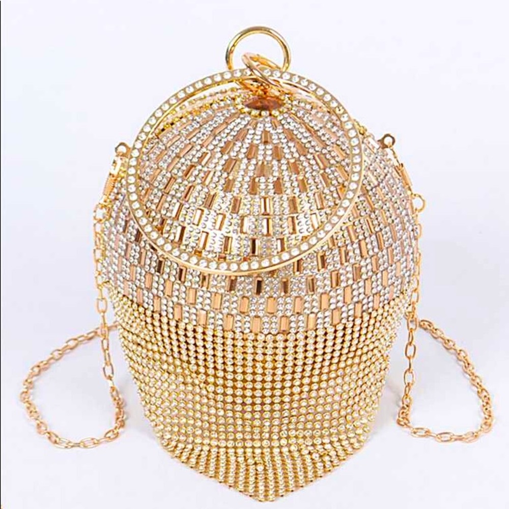 Gold Rhinestone Sphere Fringe Evening Clutch Purse
